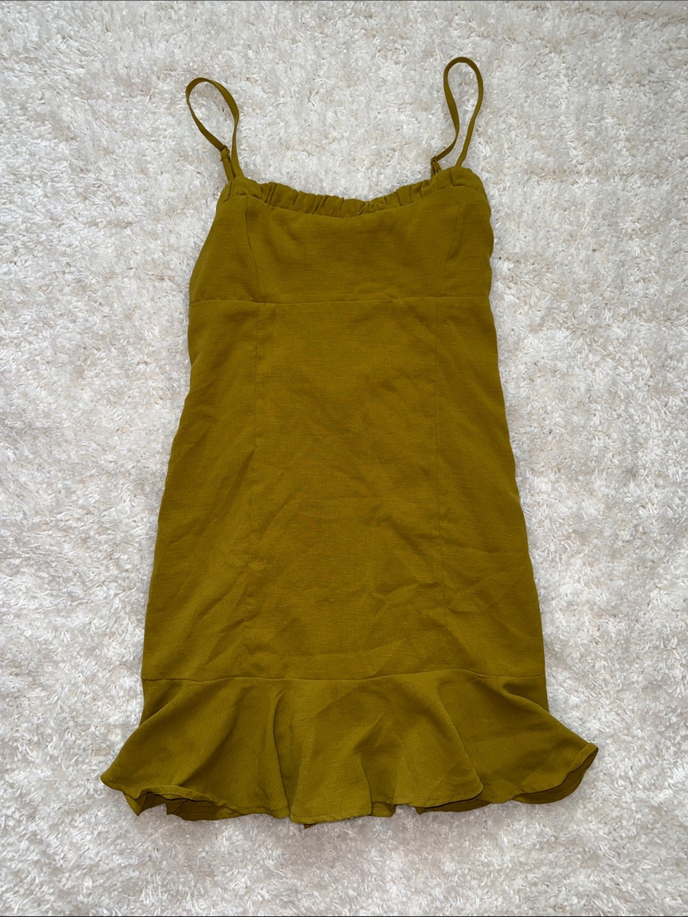 Fashion Nova Women’s Olive Green Spaghetti Strap Ruffle Hem Dress